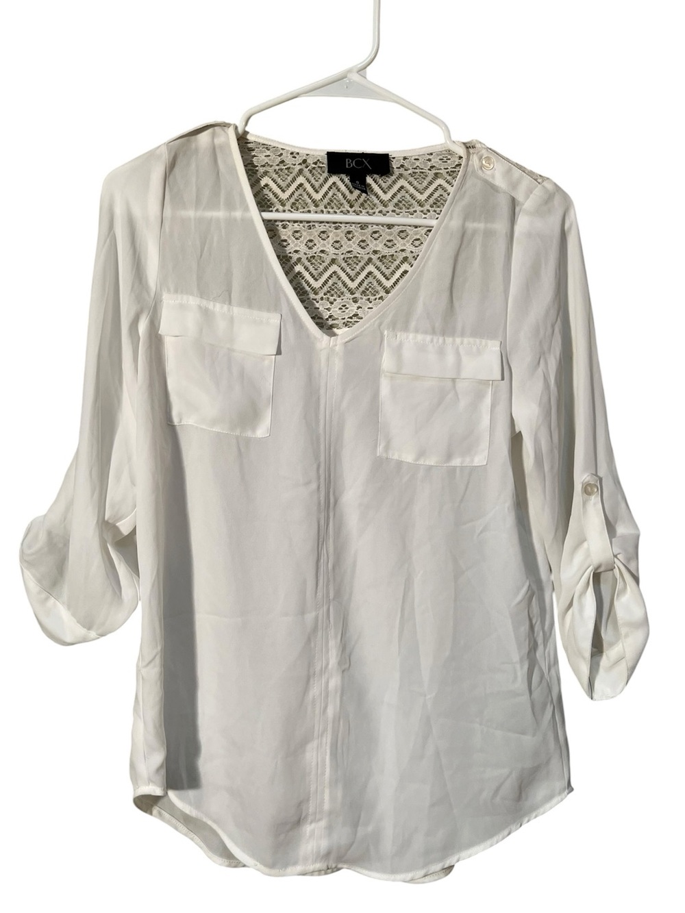BCX Womens Sz Small Blouse White V-Neck Roll Tab Sleeves Lace Back Chest Pockets